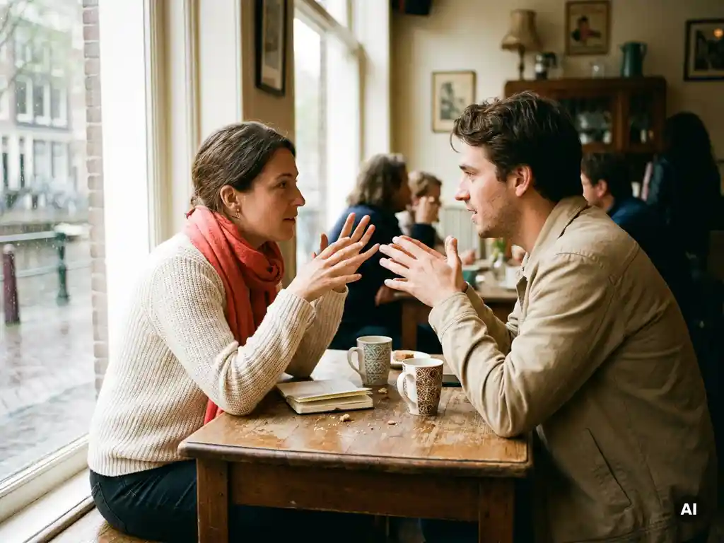 Twee mensen in levendig gesprek aan een houten cafétafel in Amsterdam, met koffiekopjes en een opengeslagen notitieboek.