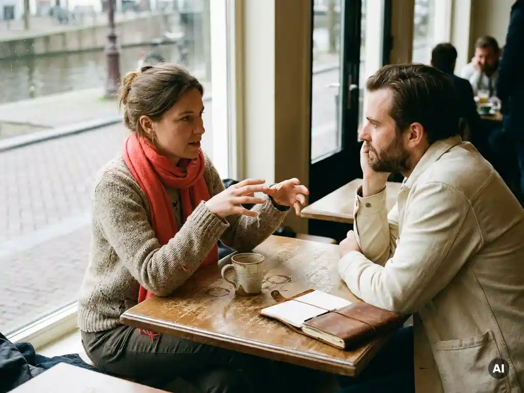 Twee mensen in gesprek aan een versleten houten cafétafel in Amsterdam, met koffie en een open notitieboek.
