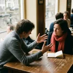 Twee mensen in gesprek aan een versleten houten cafétafel in Amsterdam, met een keramische koffiekop en notitieboekje erbij.