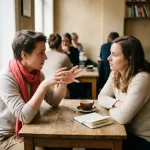 Twee mensen in gesprek aan een versleten houten cafétafel in Amsterdam, met een koffiekopje en notitieboekje bij zachte raamverlichting.