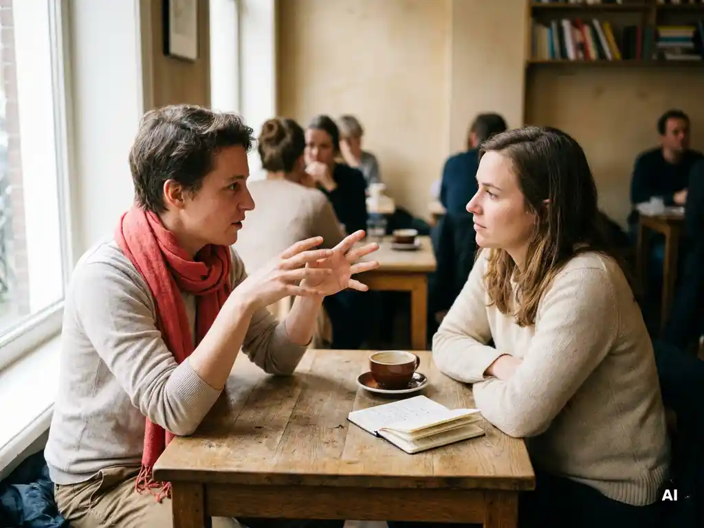 Twee mensen in gesprek aan een versleten houten cafétafel in Amsterdam, met een koffiekopje en notitieboekje bij zachte raamverlichting.
