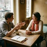 Twee mensen in gesprek aan een houten cafétafel in Amsterdam, met koffie en een notitieboek, in warm natuurlijk licht.