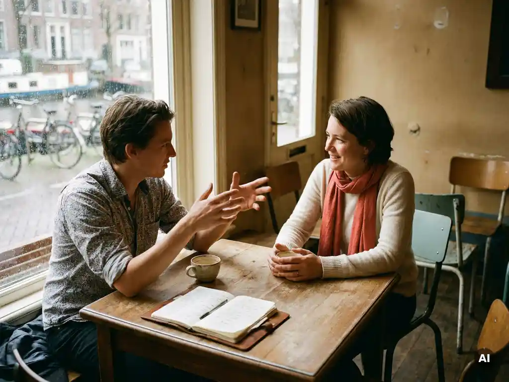 Twee mensen in gesprek aan een houten cafétafel in Amsterdam, met koffie en een notitieboek, in warm natuurlijk licht.