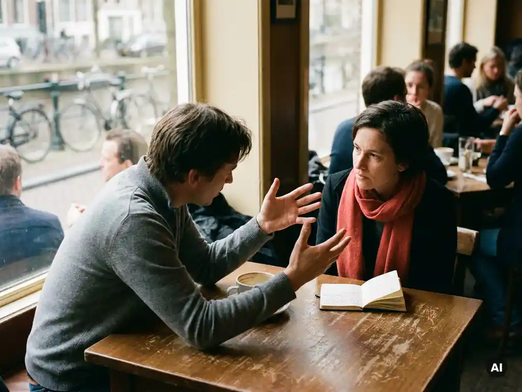 Twee mensen in gesprek aan een versleten houten cafétafel in Amsterdam, met een keramische koffiekop en notitieboekje erbij.
