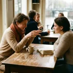 Twee mensen in gesprek aan een houten cafétafel in Amsterdam, met koffie en een open notitieboek in warm natuurlijk licht.