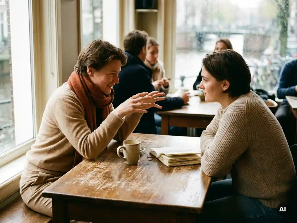 Twee mensen in gesprek aan een houten cafétafel in Amsterdam, met koffie en een open notitieboek in warm natuurlijk licht.