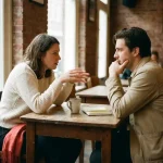 Twee mensen in gesprek aan een houten cafétafel in Amsterdam, met koffie en notitieboekje, in warm natuurlijk licht.