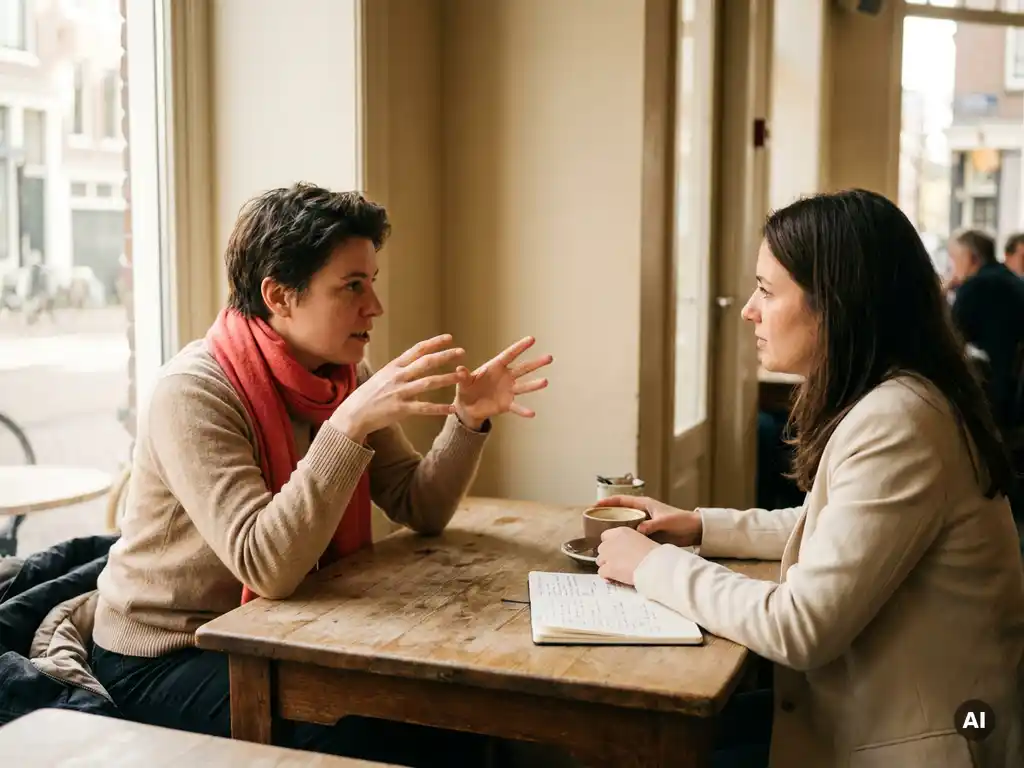 Twee mensen in gesprek aan een houten cafétafel in Amsterdam, met koffie en een notitieboek, in warm natuurlijk licht.