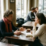 Twee mensen in gesprek aan een versleten houten cafétafel in Amsterdam, met een koffiekopje en notitieboekje erbij.