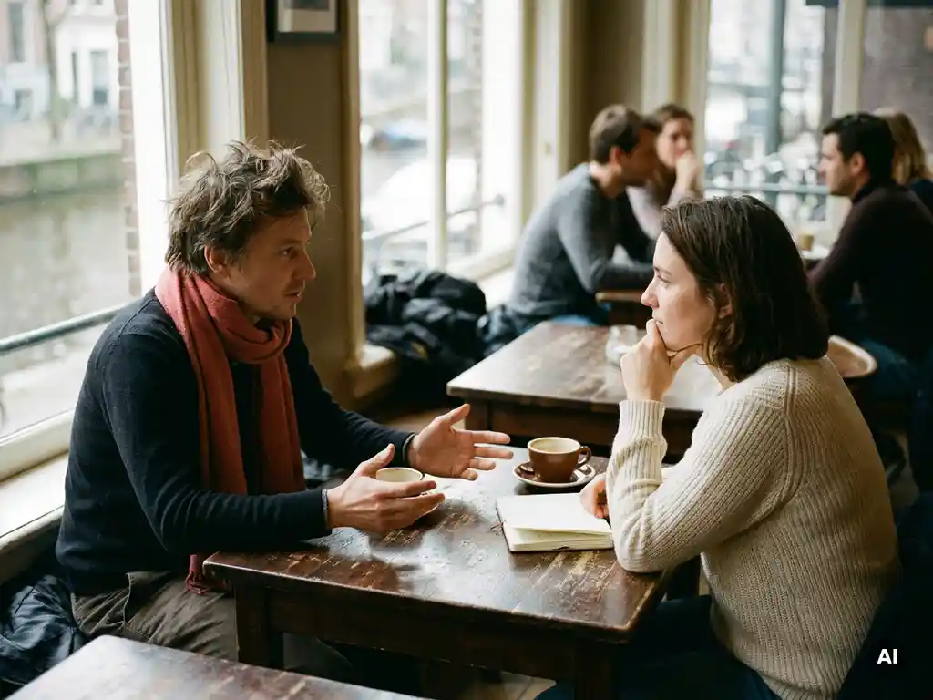 Twee mensen in gesprek aan een versleten houten cafétafel in Amsterdam, met een koffiekopje en notitieboekje erbij.