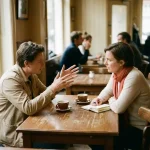 Twee mensen in gesprek aan een verweerde houten caféttafel in Amsterdam, met koffiekopjes en een notitieboekje.