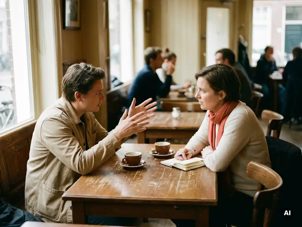 Twee mensen in gesprek aan een verweerde houten caféttafel in Amsterdam, met koffiekopjes en een notitieboekje.