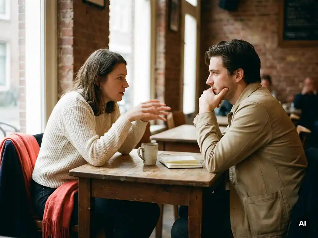 Twee mensen in gesprek aan een houten cafétafel in Amsterdam, met koffie en notitieboekje, in warm natuurlijk licht.