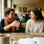 Twee mensen in gesprek aan een houten cafétafel in Amsterdam, met een koffiekopje en open notitieboek, warm zijdelings daglicht.