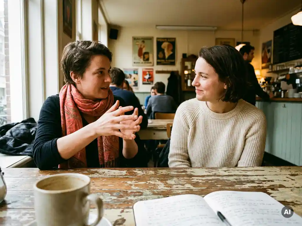 Twee mensen in gesprek aan een houten cafétafel in Amsterdam, met een koffiekopje en open notitieboek, warm zijdelings daglicht.