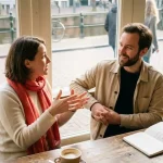 Twee mensen in gesprek aan een houten cafétafel in Amsterdam, met koffie en een open notitieboek in warm natuurlijk daglicht.