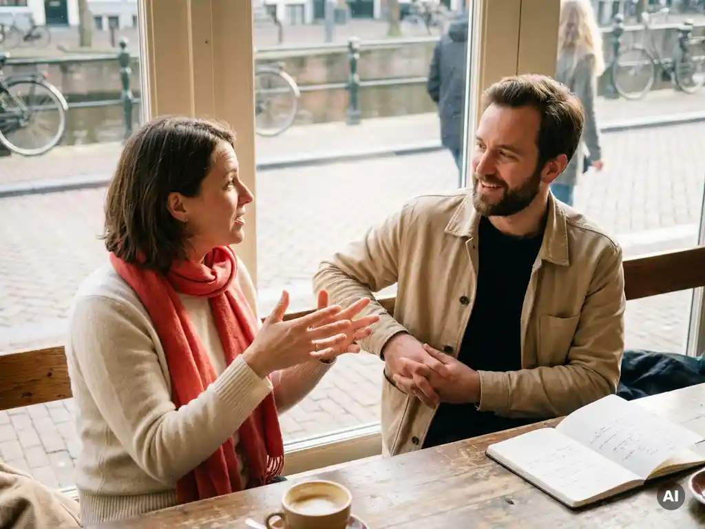 Twee mensen in gesprek aan een houten cafétafel in Amsterdam, met koffie en een open notitieboek in warm natuurlijk daglicht.