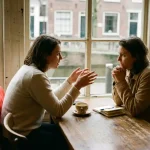 Twee mensen in gesprek aan een versleten houten cafétafel in Amsterdam, met een keramische koffiekop en notitieboekje nabij.