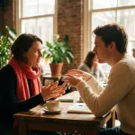 Twee mensen in gesprek aan een houten cafétafel in Amsterdam, met koffie en notitieboek, warm natuurlijk licht.