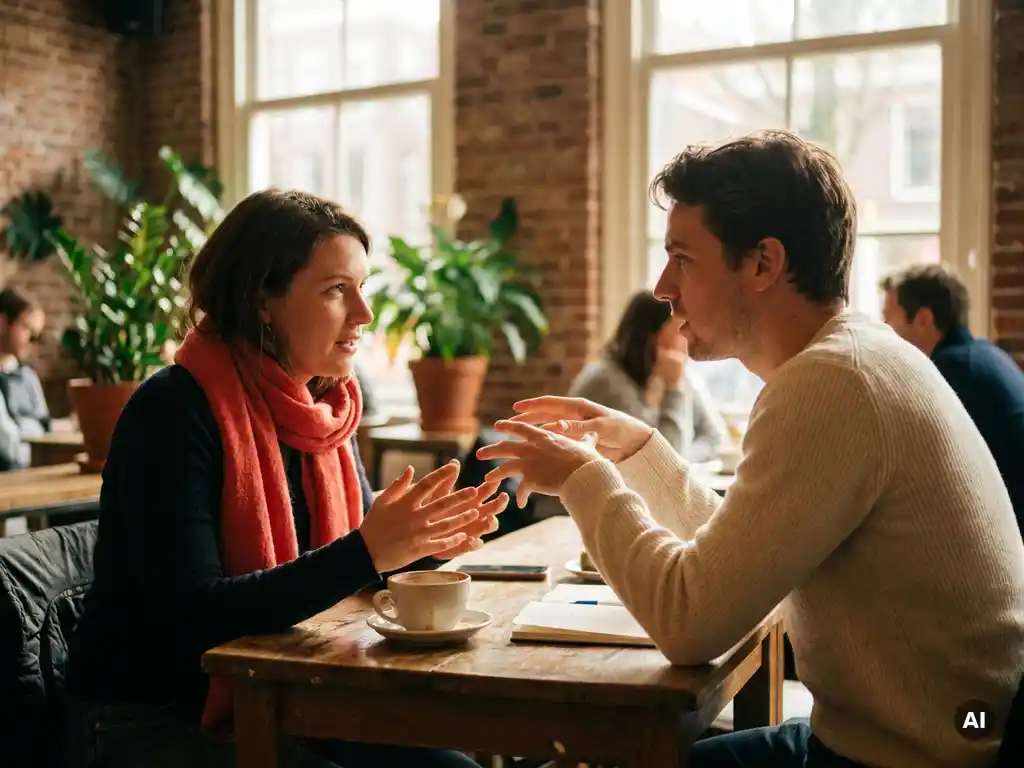 Twee mensen in gesprek aan een houten cafétafel in Amsterdam, met koffie en notitieboek, warm natuurlijk licht.