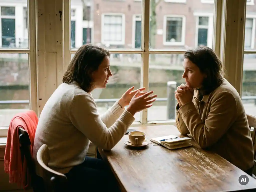 Twee mensen in gesprek aan een versleten houten cafétafel in Amsterdam, met een keramische koffiekop en notitieboekje nabij.