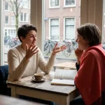 Twee mensen in gesprek aan een houten cafétafel in Amsterdam, met een koffiekopje en notitieboek erbij.