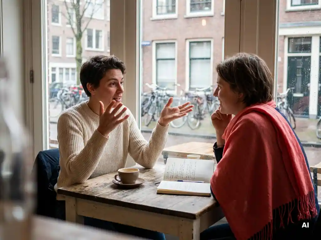 Twee mensen in gesprek aan een houten cafétafel in Amsterdam, met een koffiekopje en notitieboek erbij.