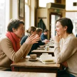 Twee mensen in gesprek aan een verweerde houten cafétafel in Amsterdam, met een keramische koffiekop en open notitieboekje.