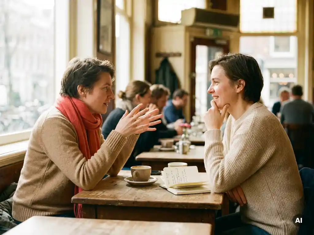 Twee mensen in gesprek aan een verweerde houten cafétafel in Amsterdam, met een keramische koffiekop en open notitieboekje.
