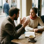 Twee mensen in gesprek aan een versleten houten cafétafel in Amsterdam, één gebarend met beide handen, warm natuurlijk zijlicht.