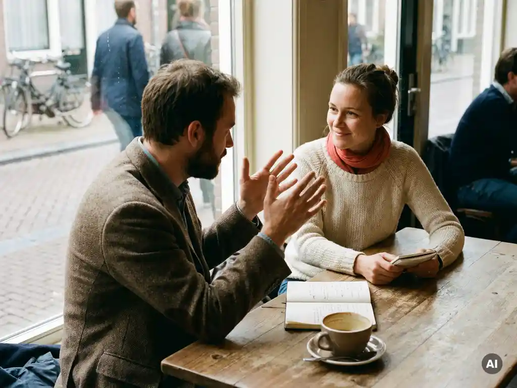 Twee mensen in gesprek aan een versleten houten cafétafel in Amsterdam, één gebarend met beide handen, warm natuurlijk zijlicht.