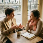 Twee mensen in gesprek aan een versleten houten cafétafel in Amsterdam, met koffie en een notitieboek in warm natuurlijk daglicht.