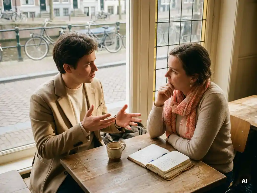 Twee mensen in gesprek aan een versleten houten cafétafel in Amsterdam, met koffie en een notitieboek in warm natuurlijk daglicht.