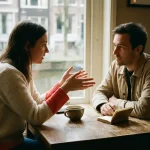 Twee mensen in gesprek aan een versleten houten cafétafel in Amsterdam, met een koffiekopje en notitieboekje erbij.