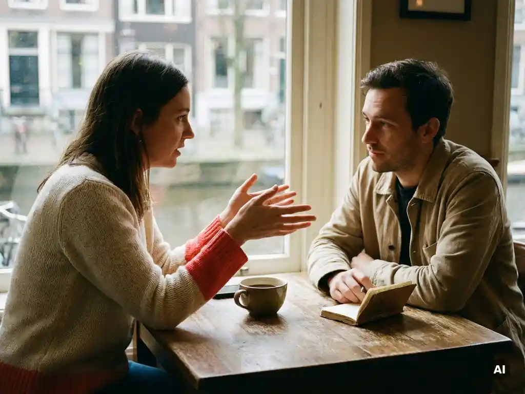 Twee mensen in gesprek aan een versleten houten cafétafel in Amsterdam, met een koffiekopje en notitieboekje erbij.
