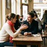 Twee mensen in gesprek aan een houten cafétafel in Amsterdam, één leant voorover met open handen, de ander luistert aandachtig.