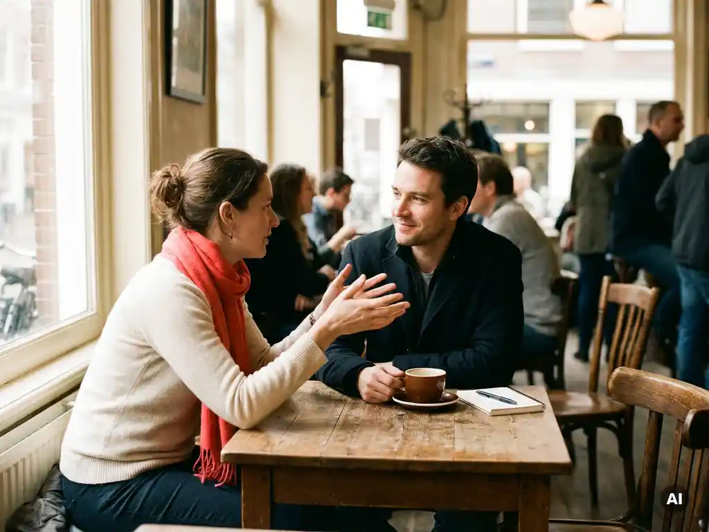 Twee mensen in gesprek aan een houten cafétafel in Amsterdam, één leant voorover met open handen, de ander luistert aandachtig.