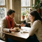 Twee mensen in gesprek aan een versleten houten cafétafel in Amsterdam, één persoon gebaart met open handen, keramische koffiekop en notitieboekje op tafel.