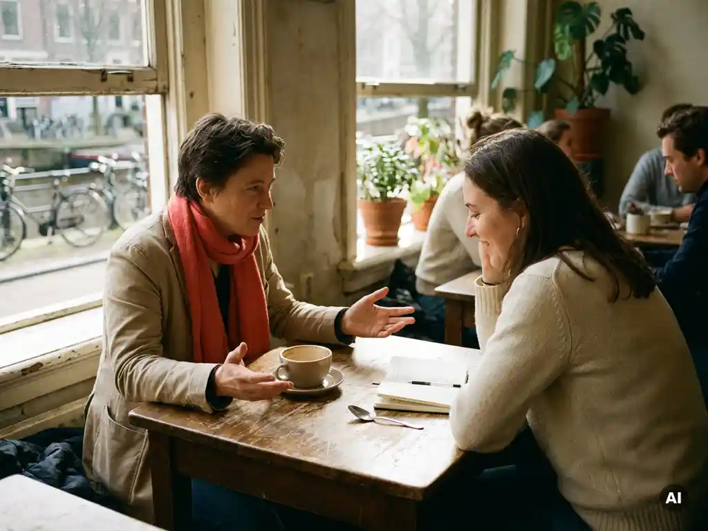 Twee mensen in gesprek aan een versleten houten cafétafel in Amsterdam, één persoon gebaart met open handen, keramische koffiekop en notitieboekje op tafel.