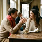 Twee mensen in levendig gesprek aan een versleten houten cafétafel in Amsterdam, met natuurlijk zijlicht en een open notitieboekje.