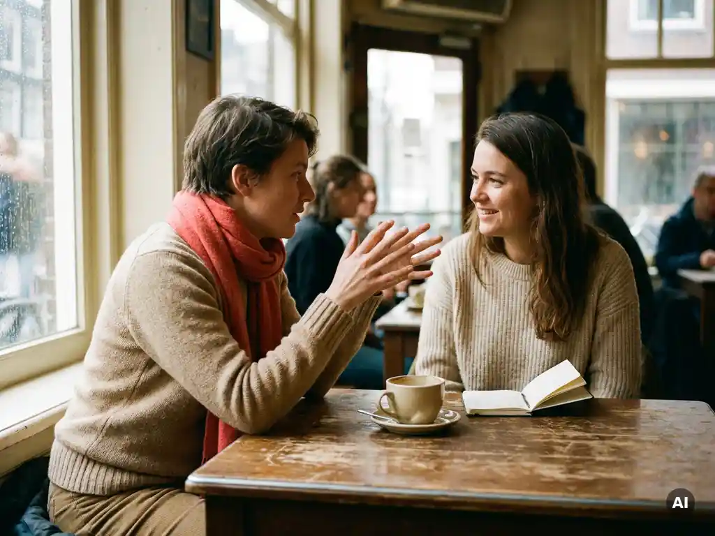 Twee mensen in levendig gesprek aan een versleten houten cafétafel in Amsterdam, met natuurlijk zijlicht en een open notitieboekje.