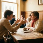 Twee mensen in gesprek aan een versleten houten cafétafel in Amsterdam, met een koffiekopje en notitieboekje erbij.