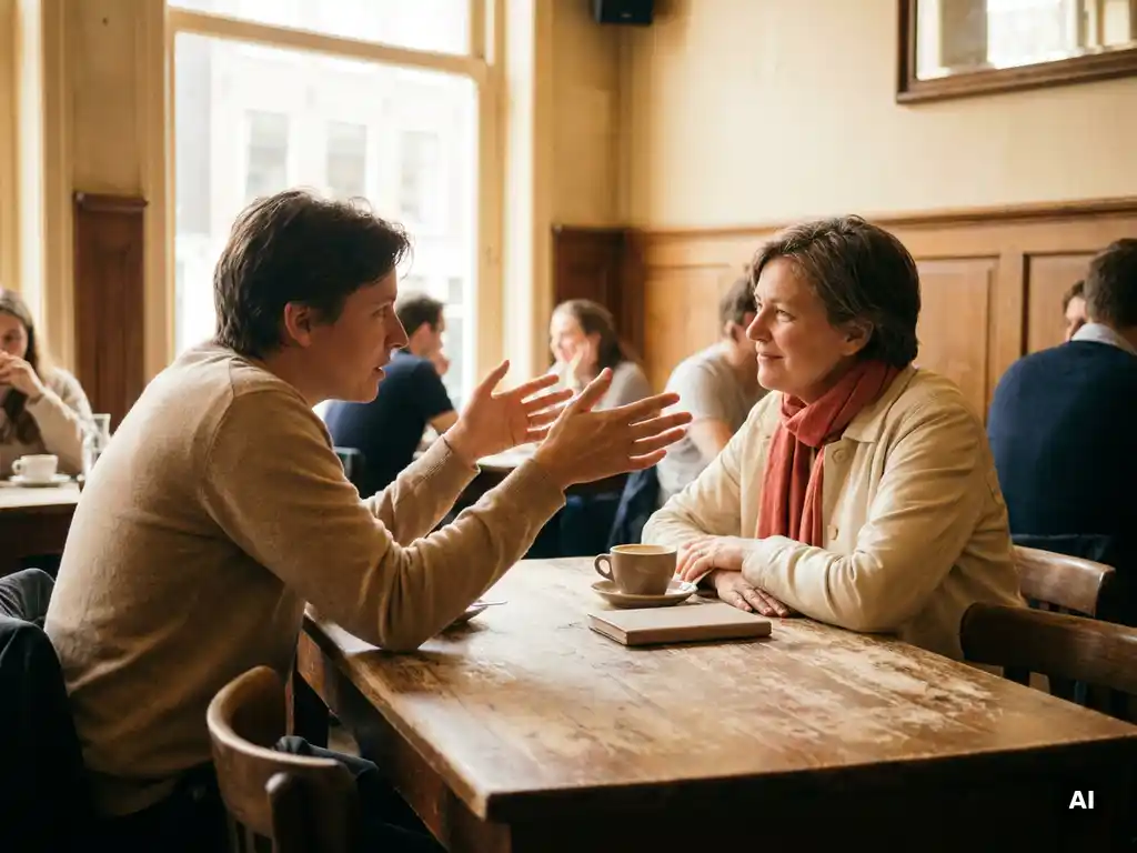 Twee mensen in gesprek aan een versleten houten cafétafel in Amsterdam, met een koffiekopje en notitieboekje erbij.