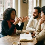 Groep mensen in gesprek aan houten cafétafel in Amsterdam, één persoon gebaart expressief terwijl anderen aandachtig luisteren.