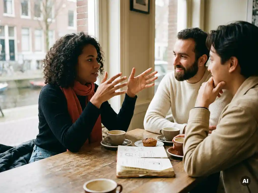 Groep mensen in gesprek aan houten cafétafel in Amsterdam, één persoon gebaart expressief terwijl anderen aandachtig luisteren.