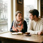 Twee mensen in gesprek aan een versleten houten cafétafel in Amsterdam, met een notitieboekje en koffiekopje erbij.