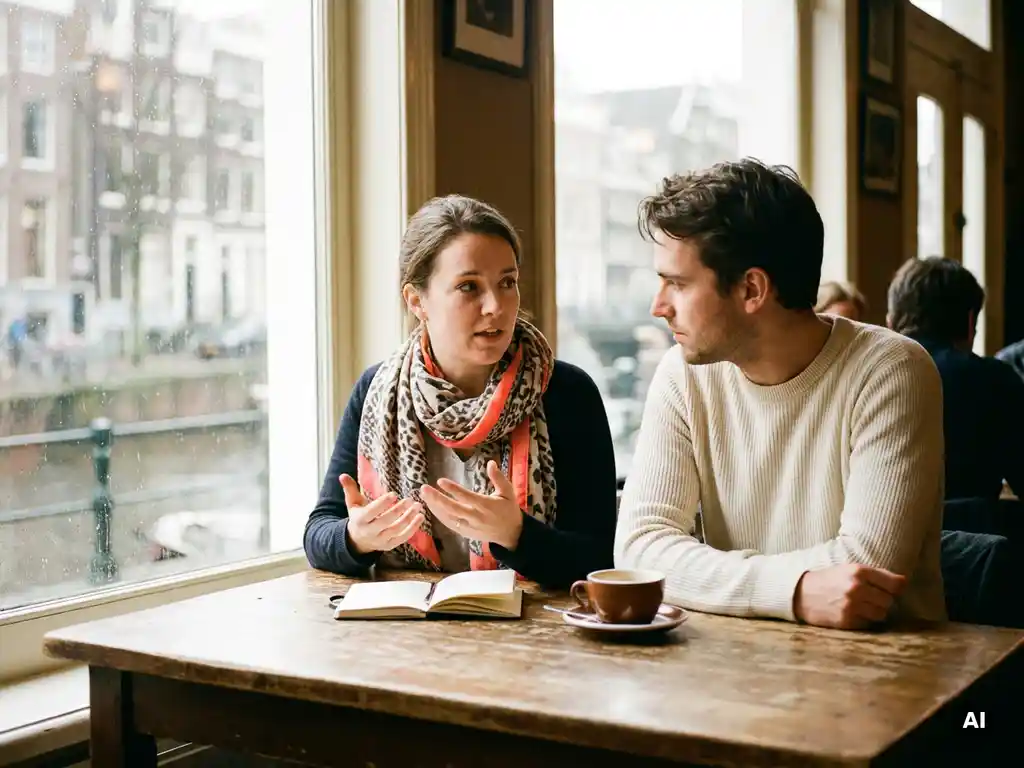 Twee mensen in gesprek aan een versleten houten cafétafel in Amsterdam, met een notitieboekje en koffiekopje erbij.