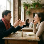 Twee mensen in gesprek aan een versleten houten cafétafel in Amsterdam, met koffie en notitieboekje, warm natuurlijk daglicht.