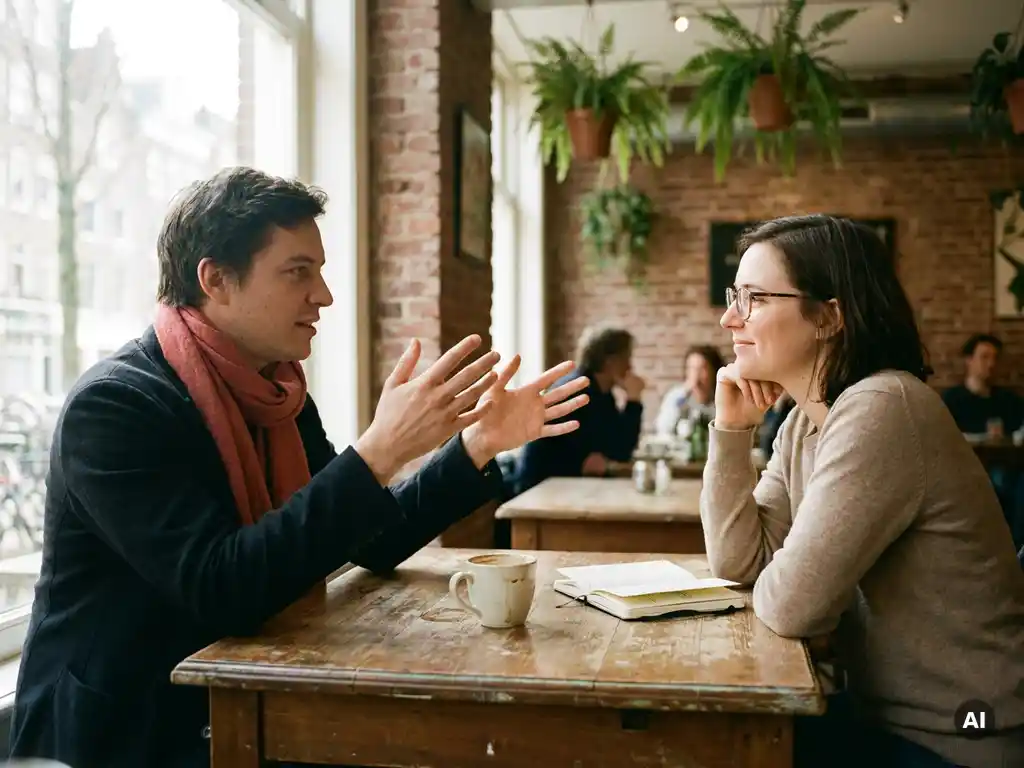 Twee mensen in gesprek aan een versleten houten cafétafel in Amsterdam, met koffie en notitieboekje, warm natuurlijk daglicht.