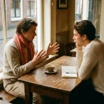 Twee mensen in gesprek aan een versleten houten cafétafel in Amsterdam, met een keramische koffiekop en notitieboekje erbij.